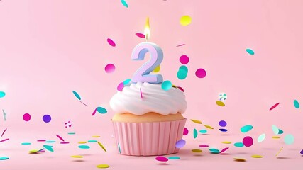Cupcake with number two candle celebrating a second birthday or anniversary, with colorful confetti falling on a pink background