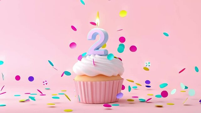 Cupcake with number two candle celebrating a second birthday or anniversary, with colorful confetti falling on a pink background