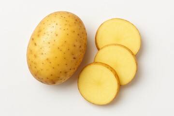 Unprocessed potato: whole and sliced raw vegetables arranged on a white background for harvest display.