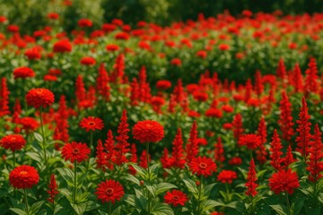 A lively floral sanctuary filled with brilliant red blossoms, inspiring enthusiasm and life. Serves as a striking centerpiece in any outdoor setting, conveying a sense of vigor and comfort.