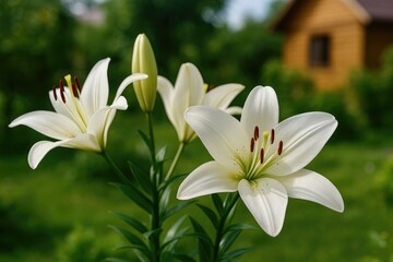 Fototapeta premium Close-up of white lilies blooming in a garden cottage setting