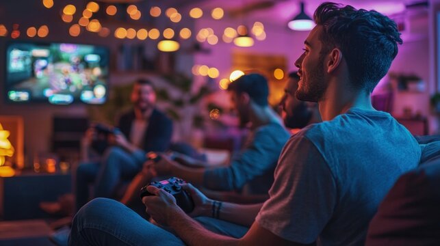 A bachelor enjoying a video game night with friends in a vibrant city loft
