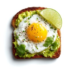 Toast with avocado and sunny egg face on white background