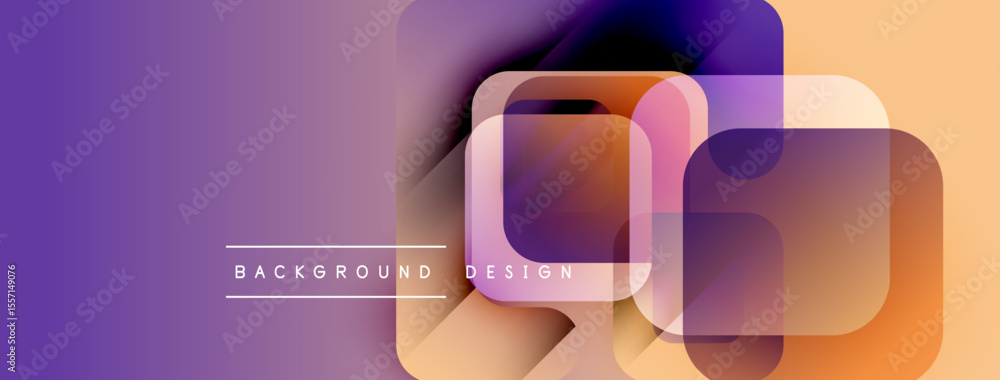 Poster abstract geometric shapes overlap, creating vibrant purple, orange gradients. modern design element 