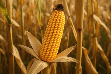 Dried Yellow Corn Cobs in a Agricultural Field
