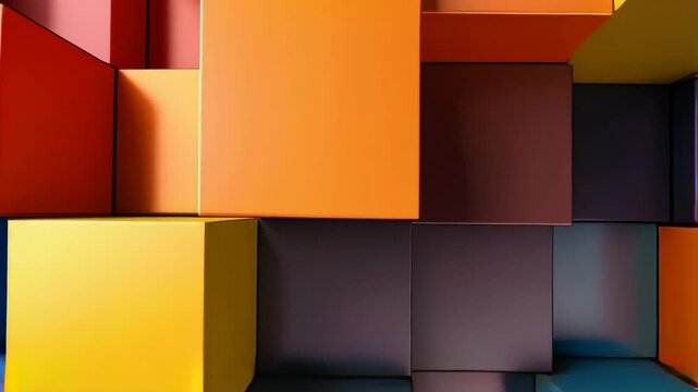 Abstract vibrant 3D cubes background with geometric block pattern in primary colors, generating a playful and modern dimensional wall of vibrant squares.