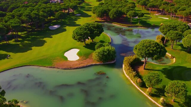 Luxury Green golf course field with lake Antalya Belek Turkey, aerial top view.
