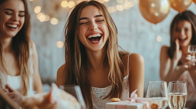 A bachelorette opening a surprise gift surrounded by laughter and champagne glasses Cat - Powered by Adobe