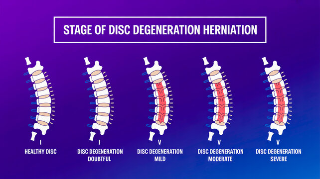 A medical infographic showing the stages of disc degeneration and herniation across five vertebral segments