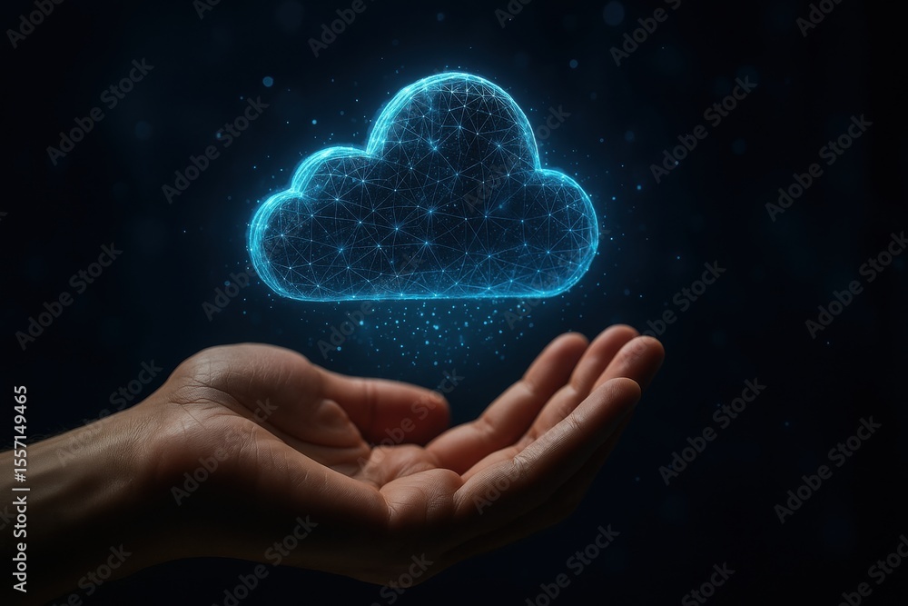Fototapete Cloud Computing: A hand cradles a glowing, intricate digital cloud, symbolizing the boundless potential of cloud computing and its role in data storage and connectivity.