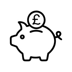 Piggy bank with pound sterling coin going into it outline icon. Black illustration, vector. Modern minimal flat design, white background.
