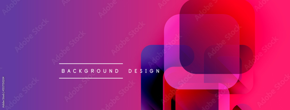 Poster Abstract gradient background. Overlapping squares create dynamic visual effect. Purple, pink, red hues dominate composition. Modern design element.