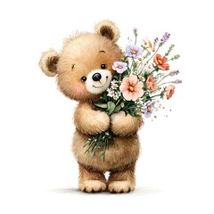 Cute bear holding bouquet of flowers on white background