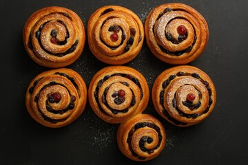Fototapeta premium Delicious handcrafted sweet buns featuring swirls, filled with raisins, cherries, and cranberries, dusted with powdered sugar on a dark surface from a top perspective