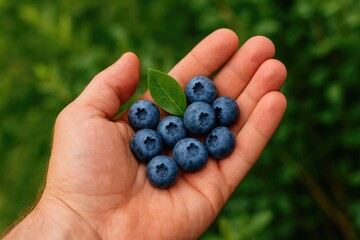 Freshly picked large blueberries or huckleberries held in a person's hand