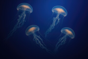 Obraz premium Marine creatures glide through the ocean against a vibrant blue backdrop