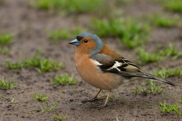 Male Chaffinch perched in muddy terrain
