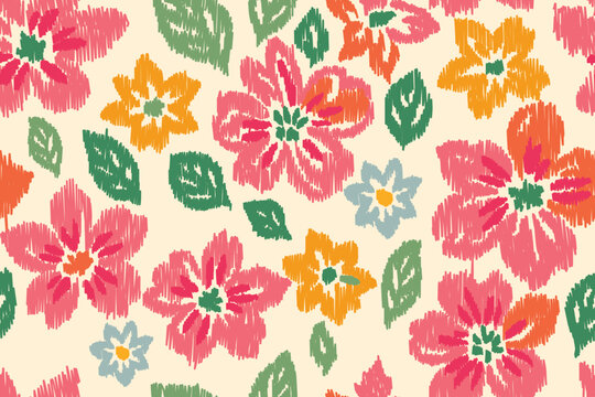 Colorful floral embroidery pattern with bright pink, orange, green and blue flowers and leaves on cream background, seamless textile design for fabric, clothing, fashion and decoration artwork.