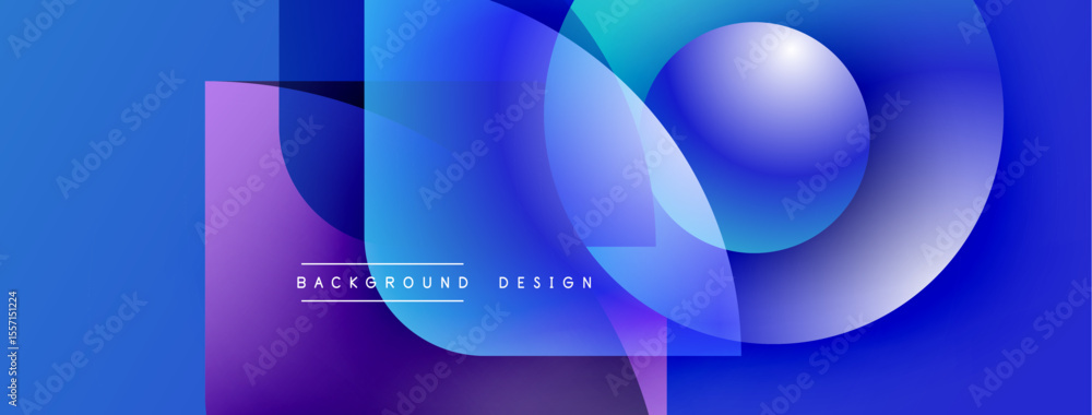 Poster Abstract blue design features overlapping circles, squares. Gradient colors create modern visual effect. Text reads background design.