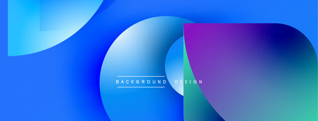 Abstract background features overlapping blue, purple shapes. Modern design includes gradient colors, text reads background design. Simple, vibrant composition.
