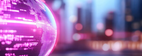 Glowing digital globe data streams night cityscape