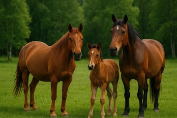 Obraz premium Joyful equine family grazing on lush green fields with a wooded backdrop