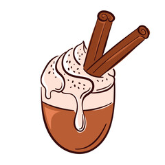 Coffee cup with whipped cream and cinnamon sticks in flat style. Perfect for cafe menu, bakery package isolated on white background.