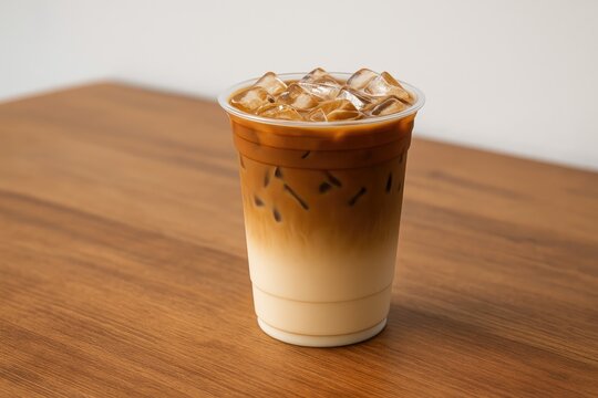 Chilled coffee beverage served in a plastic cup on a wooden surface