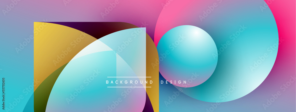 Poster Abstract geometric shapes blend vibrant colors. Gradient transitions create modern visual appeal. Design features overlapping circles, squares.