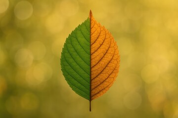 Autumn leaf with vibrant green and dry sections against a blurred background, ideal for Earth Day wallpaper or backdrop.