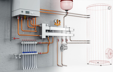 Layout of Industrial Boiler Room Interior with Pipes, Valves, Machinery and Heating System Equipment, 3D Rendering, wireframe
