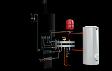 Layout of Industrial Boiler Room Interior with Pipes, Valves, Machinery and Heating System Equipment, 3D Rendering, wireframe