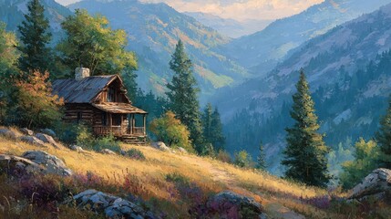 Craft a mesmerizing image of a Rustic Mountain Cabin bathed in golden sunlight, rendered in detailed oil painting style