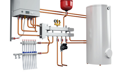 3D Rendering of Industrial Boiler Room Interior with Pipes, Valves, Machinery and Heating System Equipment