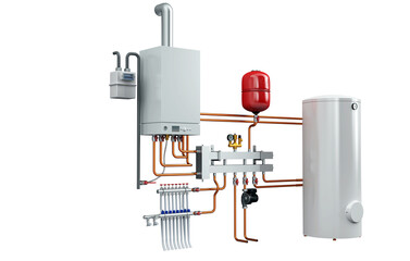 3D Rendering of Industrial Boiler Room Interior with Pipes, Valves, Machinery and Heating System Equipment
