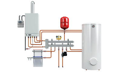3D Rendering of Industrial Boiler Room Interior with Pipes, Valves, Machinery and Heating System Equipment