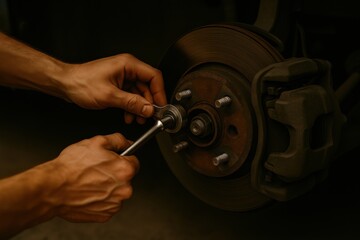 Close-up of male hands repairing a brake system — showcasing precision, strength, and technical skill. Ideal for automotive branding, repair service visuals, and mechanical industry campaigns