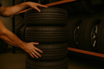Professional visual of seasonal tire storage — showcasing organized racks and clean warehouse space. Ideal for auto service branding, industrial marketing, and winter-summer transition campaigns