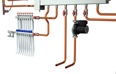 3D Rendering of Industrial Boiler Room Interior with Pipes, Valves, Machinery and Heating System Equipment
