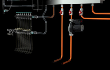 Layout of Industrial Boiler Room Interior with Pipes, Valves, Machinery and Heating System Equipment, 3D Rendering, wireframe