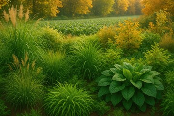 Fototapeta premium Vibrant foliage and thriving plants during fall season