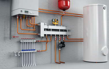 3D Rendering of Industrial Boiler Room Interior with Pipes, Valves, Machinery and Heating System Equipment