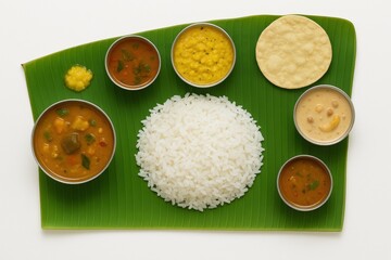 Traditional South Indian feast served on a banana leaf — featuring rice sambar, rasam, parippu dal curry, ghee, papadum, and payasam. Ideal for festive branding, culinary visual, cultural campaigns
