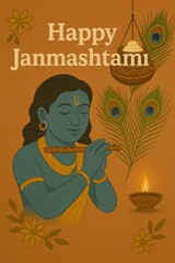 Decorative Janmashtami setup with peacock feathers, Krishna’s flute, traditional pot, lamp — symbolizing devotion, festivity, and cultural richness. Ideal for spiritual branding and festive campaigns