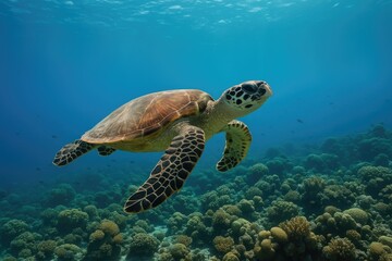 Sea turtle gliding over vibrant coral formations