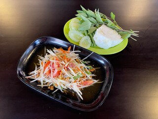 Somtum or Somtam, spicy papaya salad, famous Thai food