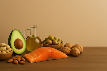 Elegant composition of healthy fats — avocado, nuts, olive oil, and seeds — on a natural background with space for text. Perfect for wellness branding, nutrition campaigns, and food visuals