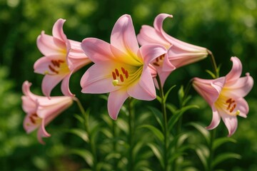 Fototapeta premium Pink trumpet-shaped lilies blooming in the garden