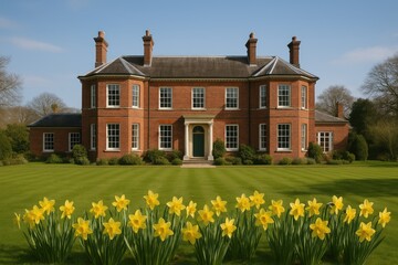 Elegant historic estate featuring red brick architecture with lush gardens and blooming daffodils