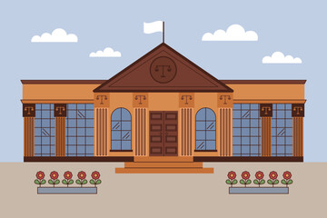 Elegant courthouse building with classical columns and large windows, captured in a clean and minimalist style. The architecture reflects authority, justice, and tradition, ideal for legal, government